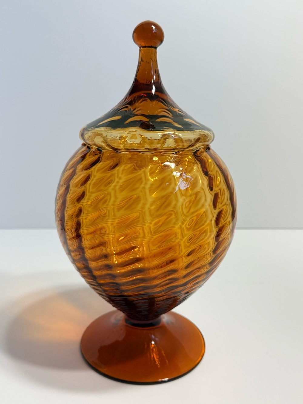 Vintage Italian Empoli Ribbed Amber Optic Glass Apothecary Candy Jar Circus Tent
